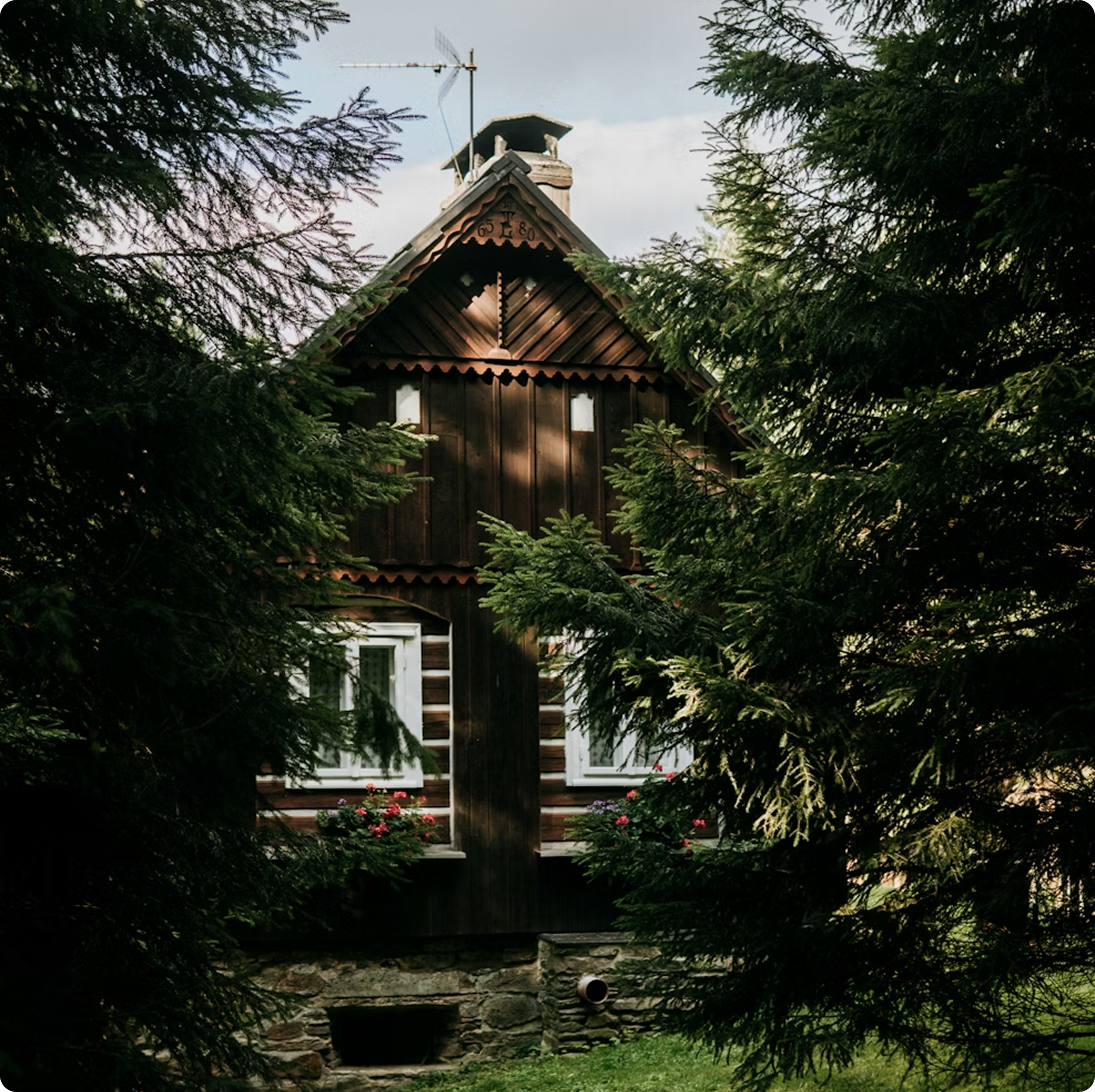 A-frame cabin surrounded by tall forest trees