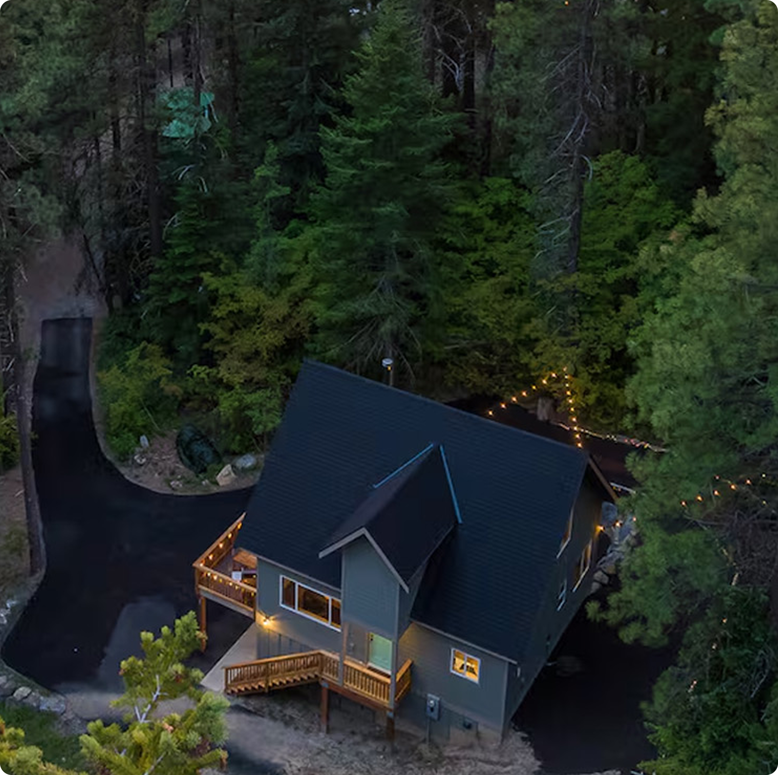 Rustic cabin nestled among pine trees